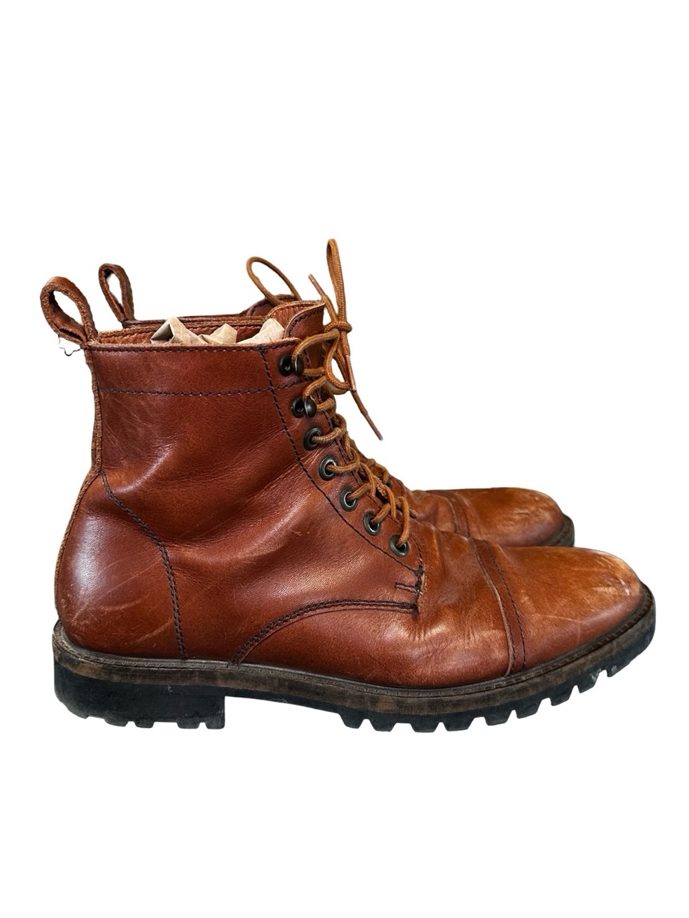 Patina Brown Leather Lace-Up Combat Ankle Boots Cap Toe Lug Sole SZ 10 Moto